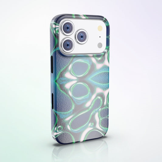 Viscera MagSafe Tough Phone Case by MYNTELO, angled back view on an iPhone