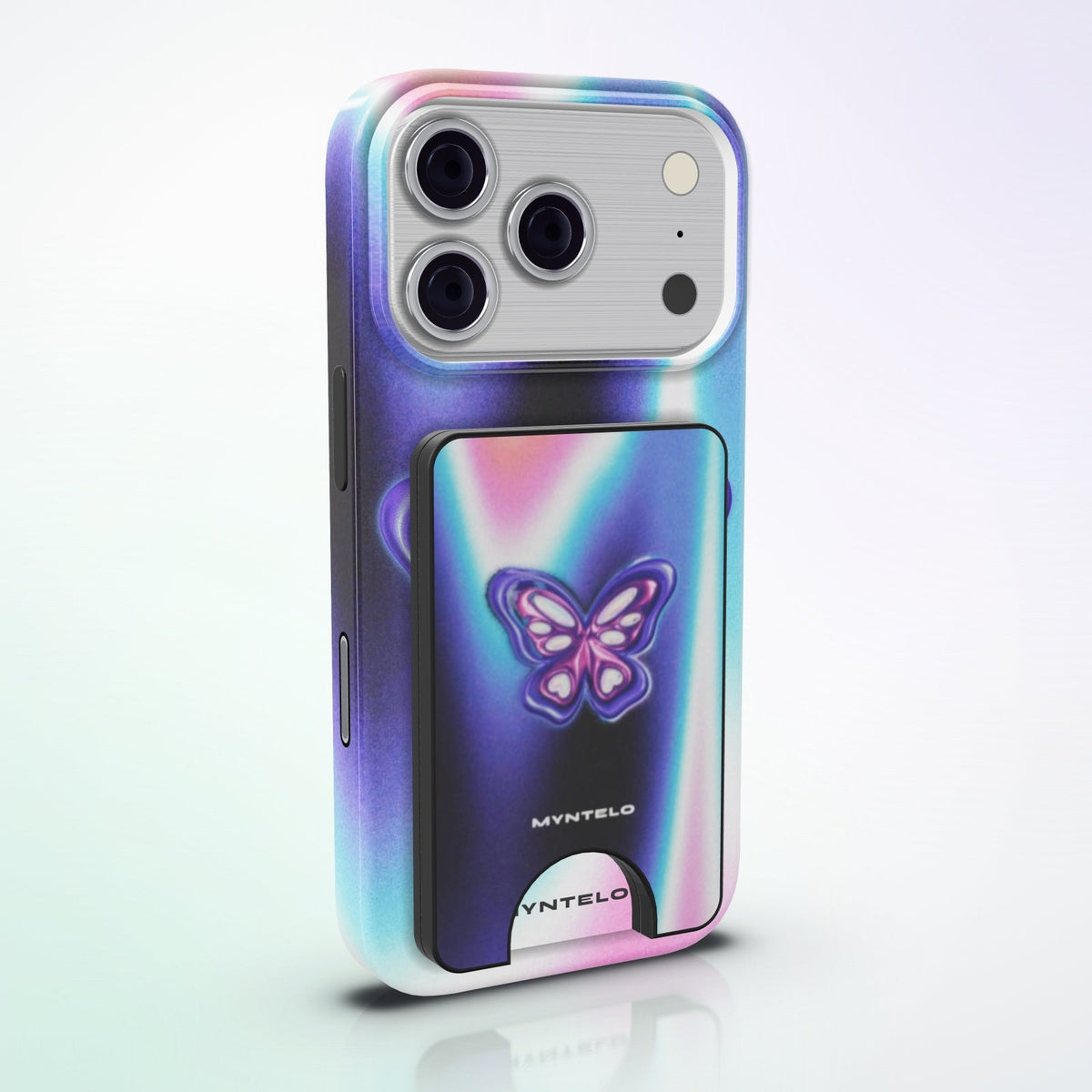 Monarch Magnetic Wallet by MYNTELO, angled view on the phone