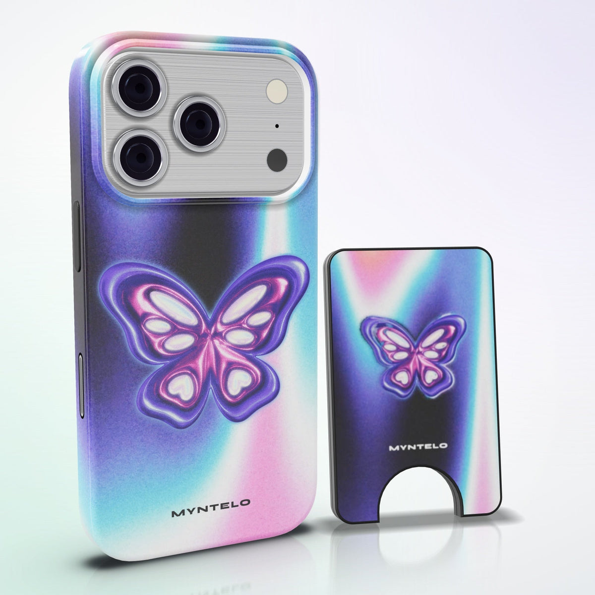 Monarch Magnetic Wallet by MYNTELO, standing next to the matching phone case