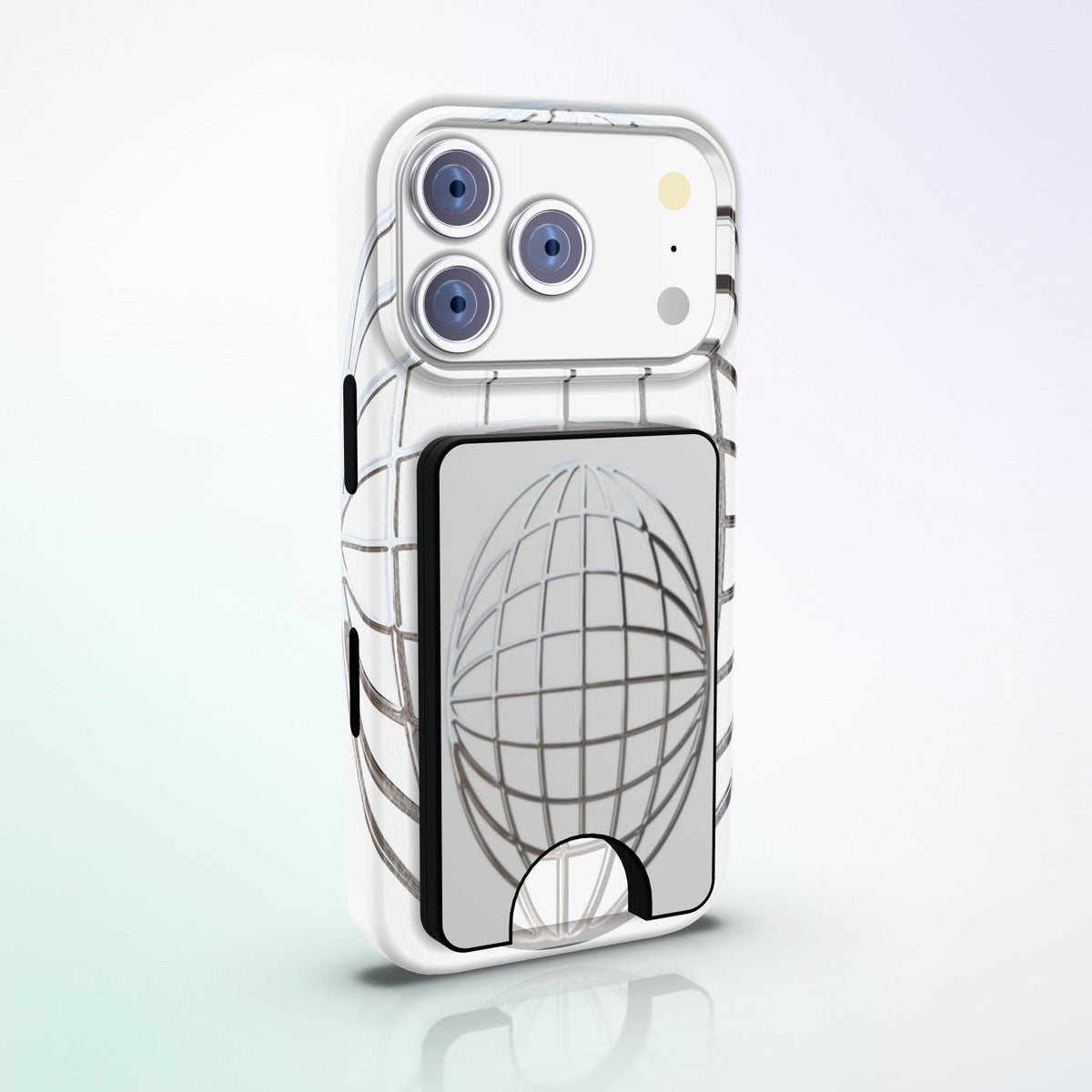 Reticulum Magnetic Wallet by MYNTELO, angled view on the phone