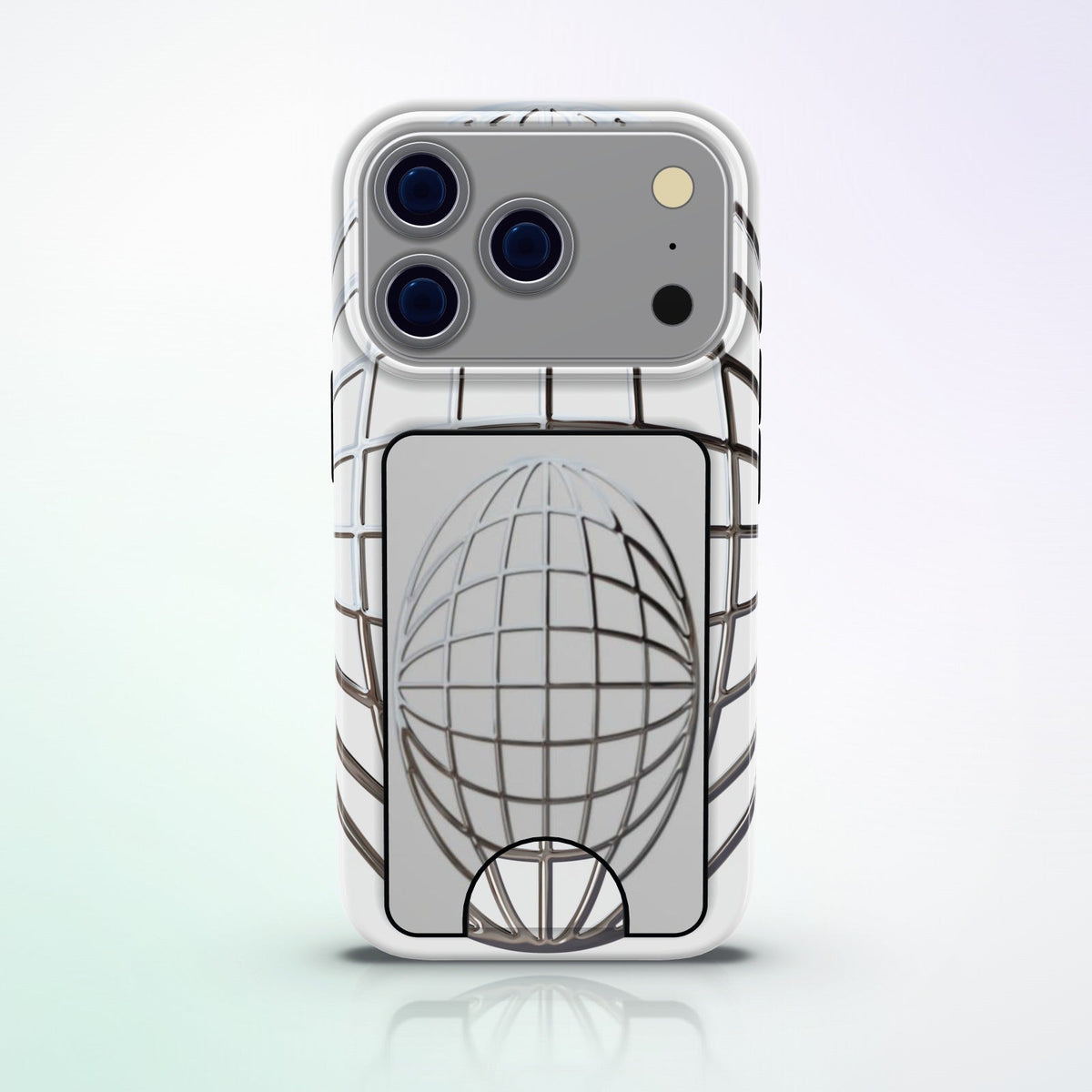 Reticulum Magnetic Wallet by MYNTELO, snapped onto the back of the matching phone case