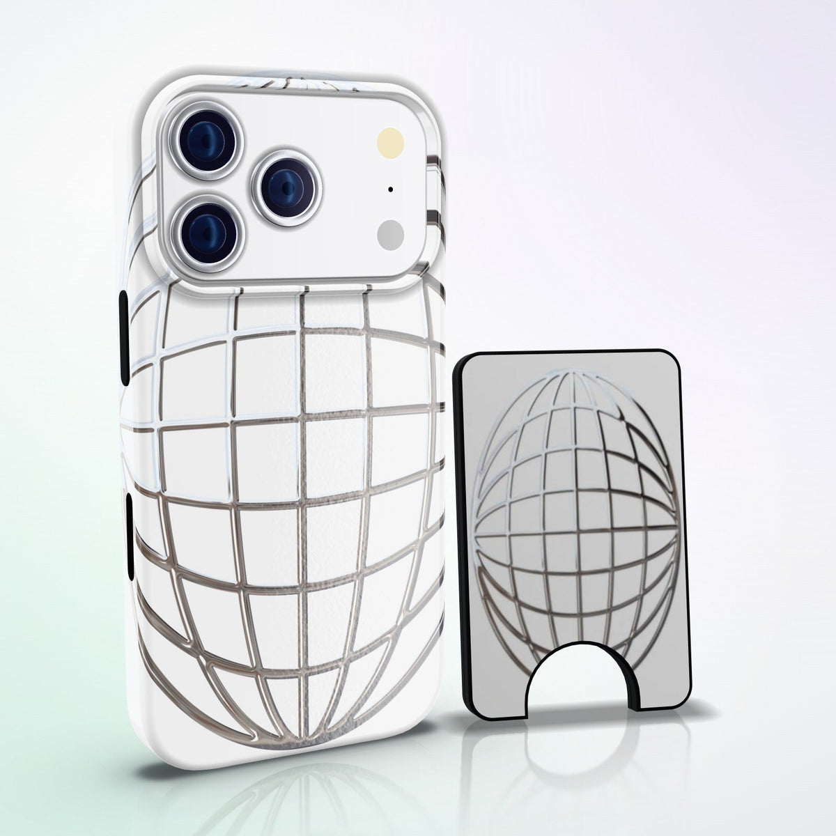 Reticulum Magnetic Wallet by MYNTELO, standing next to the matching phone case