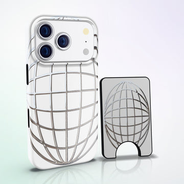 Reticulum Magnetic Wallet by MYNTELO, standing next to the matching phone case